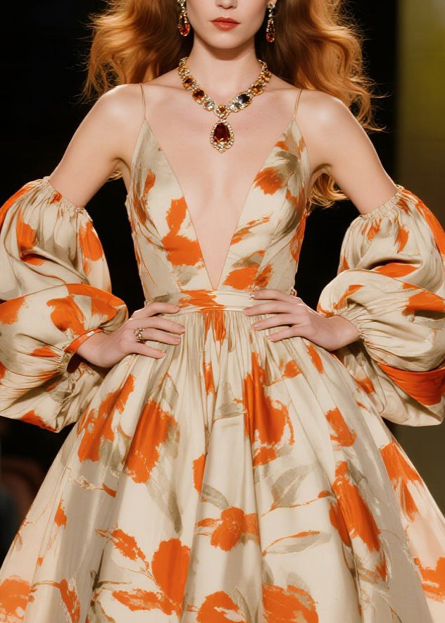 Chic Orange Print Exra Large Hem Vestidos Dresses Lantern Sleeve