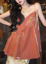 Chic Orange V Neck Feather Nail Bead Silk Velour Spaghetti Strap Tank Sleeveless