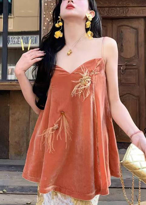 Chic Orange V Neck Feather Nail Bead Silk Velour Spaghetti Strap Tank Sleeveless