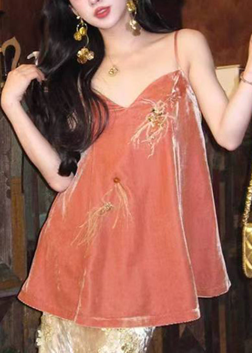 Chic Orange V Neck Feather Nail Bead Silk Velour Spaghetti Strap Tank Sleeveless