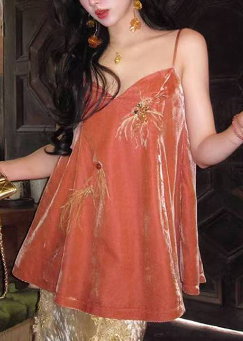 Chic Orange V Neck Feather Nail Bead Silk Velour Spaghetti Strap Tank Sleeveless