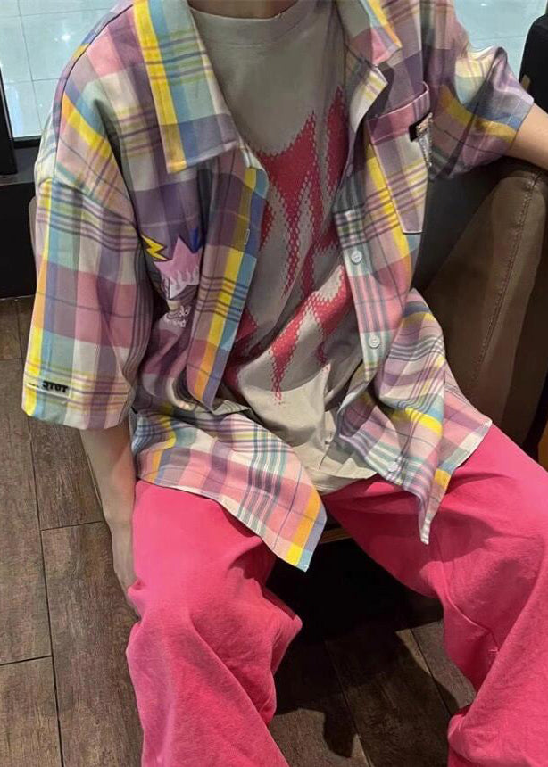 Chic Peter Pan Collar Plaid Pockets Cotton Men Shirt Summer
