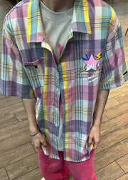 Chic Peter Pan Collar Plaid Pockets Cotton Men Shirt Summer