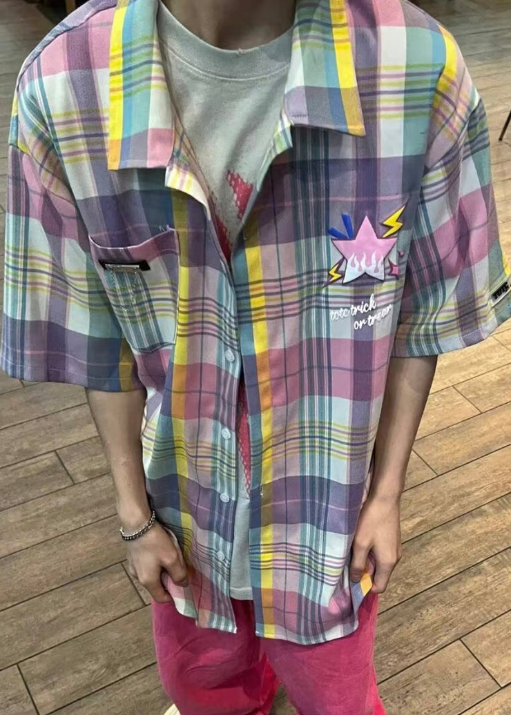 Chic Peter Pan Collar Plaid Pockets Cotton Men Shirt Summer
