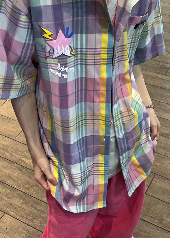Chic Peter Pan Collar Plaid Pockets Cotton Men Shirt Summer