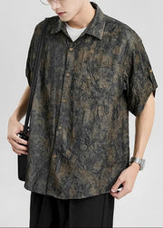 Chic Peter Pan Collar Print Button Silk Men Shirts Half Sleeve