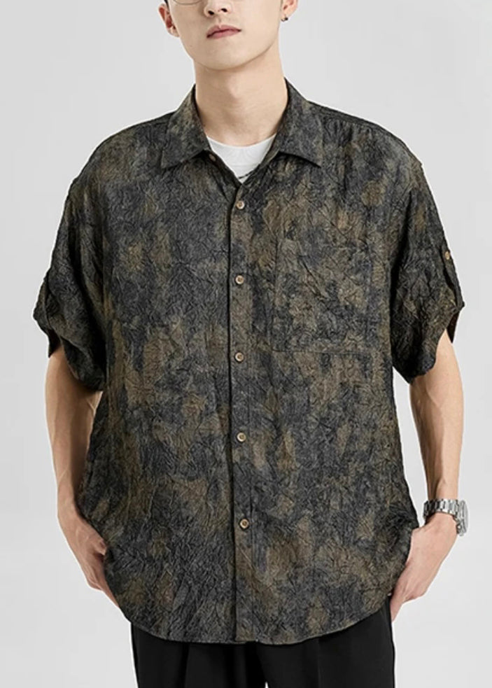 Chic Peter Pan Collar Print Button Silk Men Shirts Half Sleeve