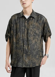 Chic Peter Pan Collar Print Button Silk Men Shirts Half Sleeve