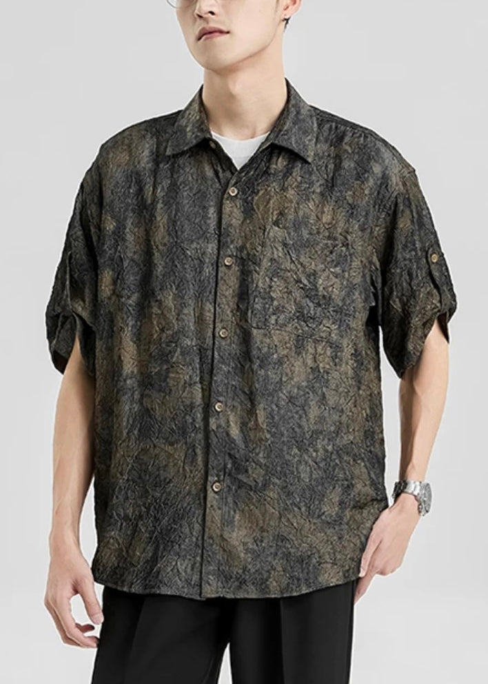 Chic Peter Pan Collar Print Button Silk Men Shirts Half Sleeve