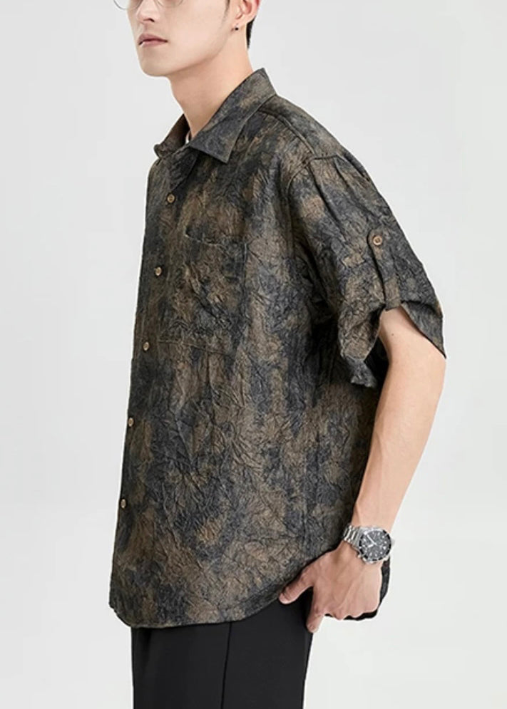 Chic Peter Pan Collar Print Button Silk Men Shirts Half Sleeve