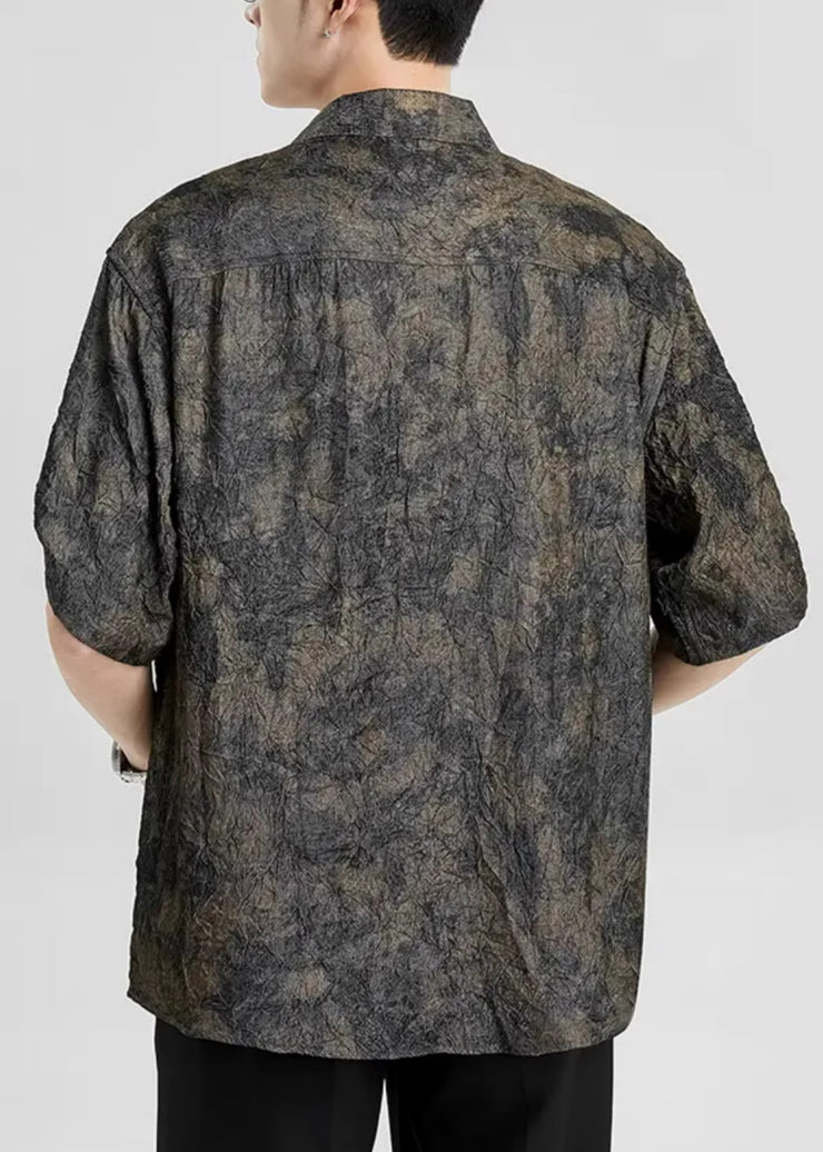 Chic Peter Pan Collar Print Button Silk Men Shirts Half Sleeve