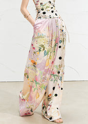 Chic Pink Asymmetrical Print Silk Wide Leg Pants Summer