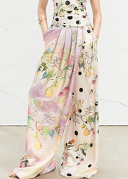 Chic Pink Asymmetrical Print Silk Wide Leg Pants Summer