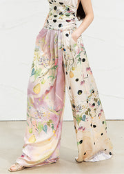 Chic Pink Asymmetrical Print Silk Wide Leg Pants Summer