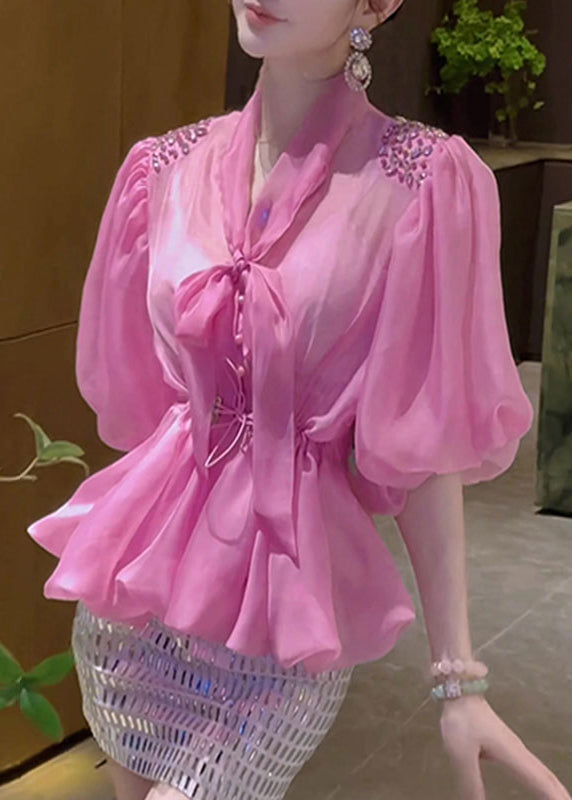 Chic Pink Bow Drawstring Tulle Shirt Puff Sleeve