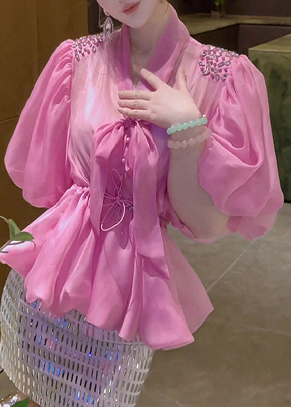 Chic Pink Bow Drawstring Tulle Shirt Puff Sleeve