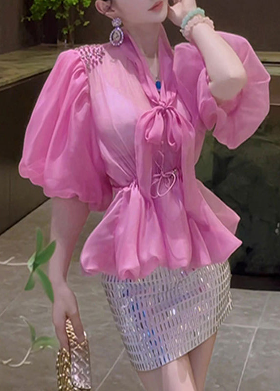 Chic Pink Bow Drawstring Tulle Shirt Puff Sleeve