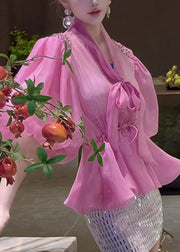 Chic Pink Bow Drawstring Tulle Shirt Puff Sleeve