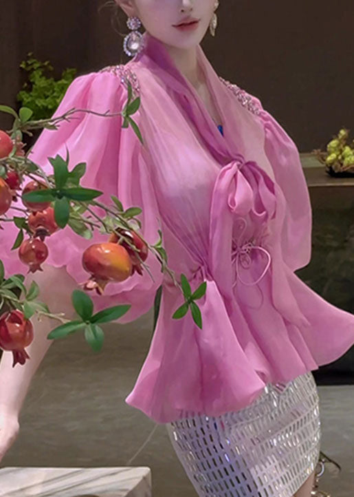 Chic Pink Bow Drawstring Tulle Shirt Puff Sleeve
