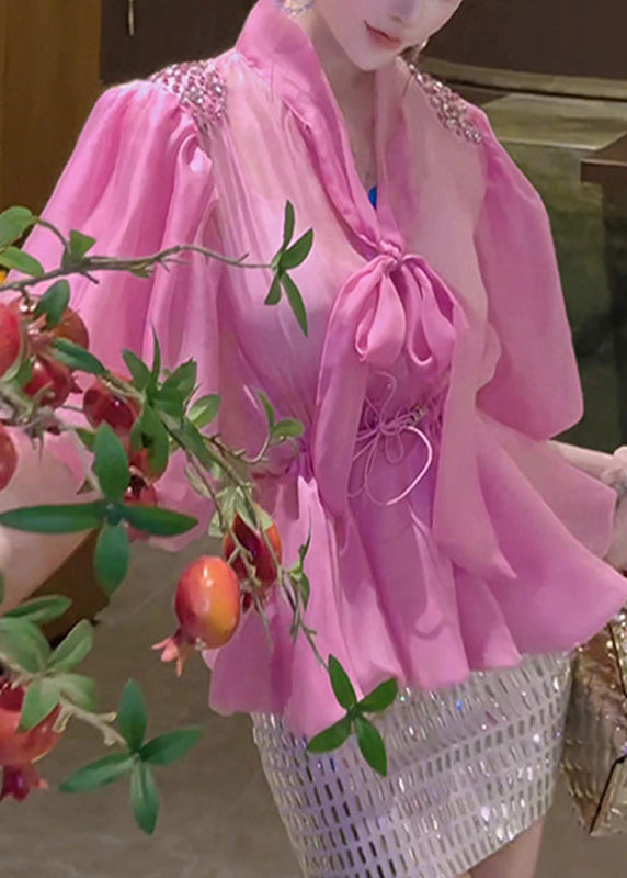 Chic Pink Bow Drawstring Tulle Shirt Puff Sleeve