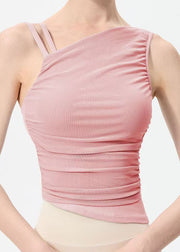 Chic Pink Cold Shoulder Asymmetrical Tulle Yoga Tops Sleeveless