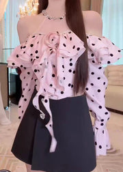 Chic Pink Cold Shoulder Ruffled Dot Cotton Shirt Tops Fall