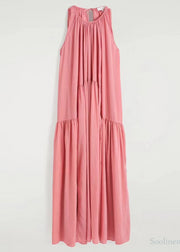 Chic Pink Cold Shoulder Wrinkled Cotton Sundresses Summer