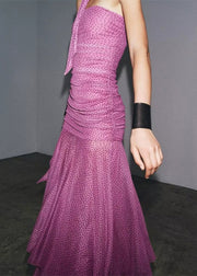 Chic Pink Dot Wrinkled Side Open Tulle Long Dresses Sleeveless