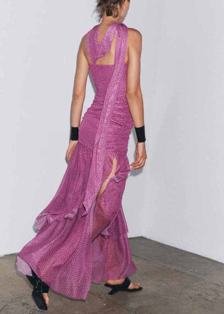 Chic Pink Dot Wrinkled Side Open Tulle Long Dresses Sleeveless