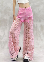 Chic Pink Hollow Out Zircon Lace Patchwork Pants Summer