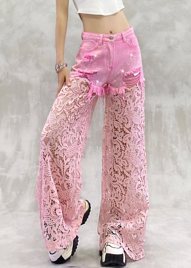 Chic Pink Hollow Out Zircon Lace Patchwork Pants Summer
