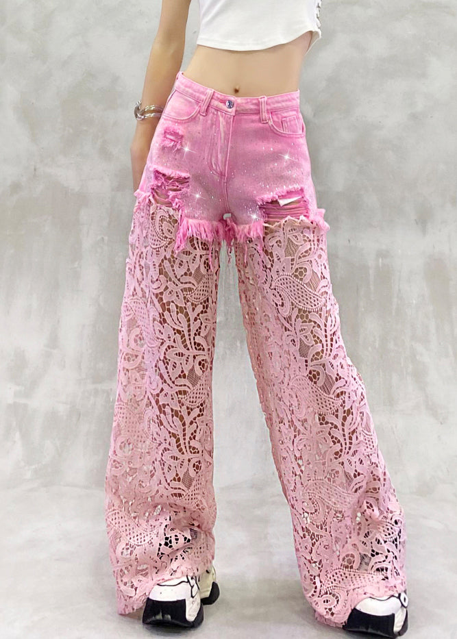 Chic Pink Hollow Out Zircon Lace Patchwork Pants Summer