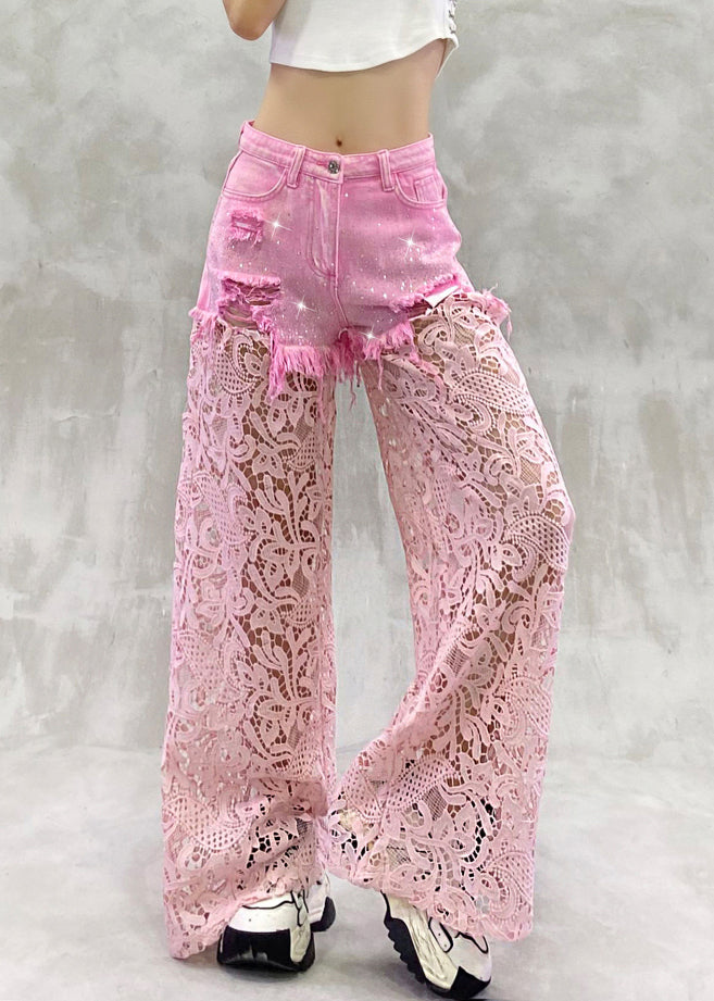 Chic Pink Hollow Out Zircon Lace Patchwork Pants Summer