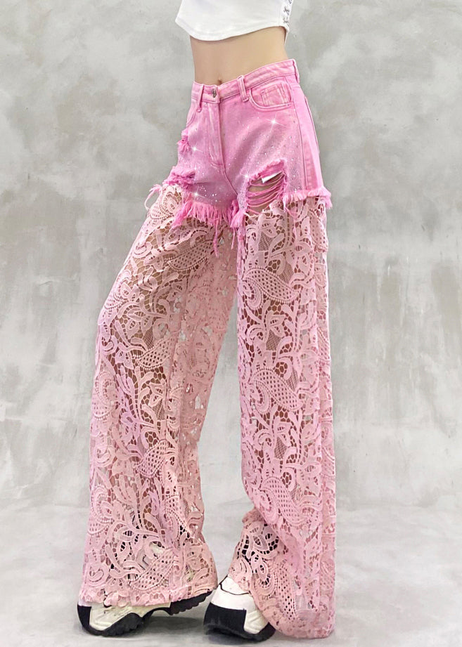 Chic Pink Hollow Out Zircon Lace Patchwork Pants Summer