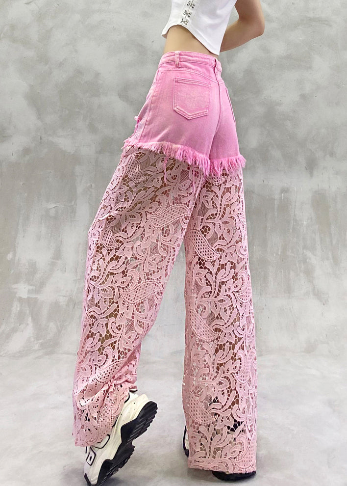 Chic Pink Hollow Out Zircon Lace Patchwork Pants Summer