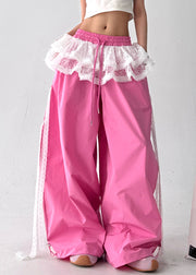 Chic Pink Lace Patchwork Cotton Wide Leg Pants Fall