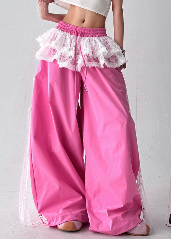Chic Pink Lace Patchwork Cotton Wide Leg Pants Fall