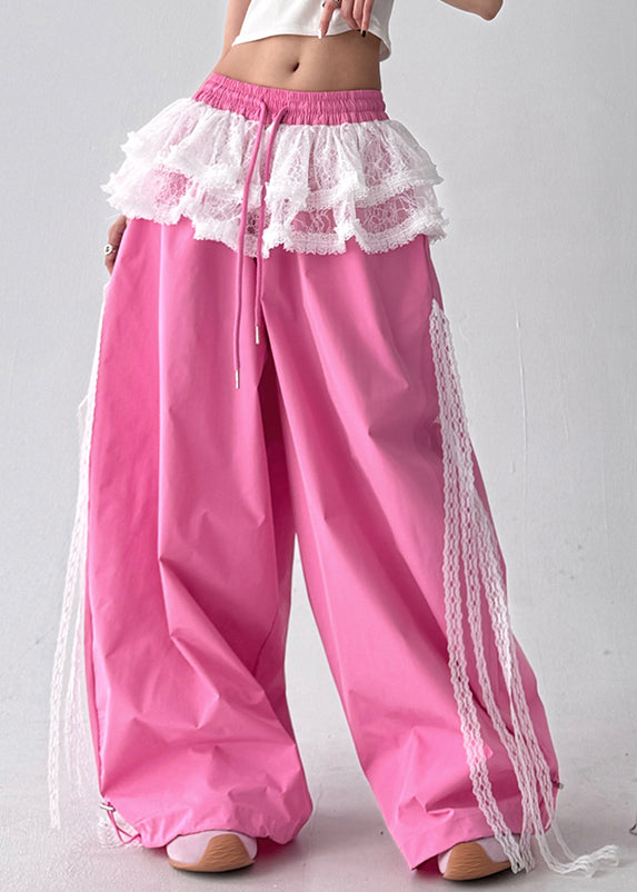 Chic Pink Lace Patchwork Cotton Wide Leg Pants Fall