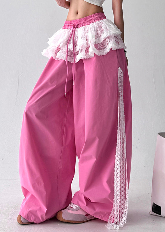 Chic Pink Lace Patchwork Cotton Wide Leg Pants Fall