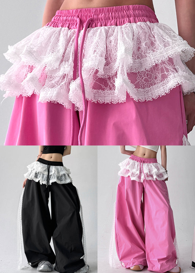 Chic Pink Lace Patchwork Cotton Wide Leg Pants Fall