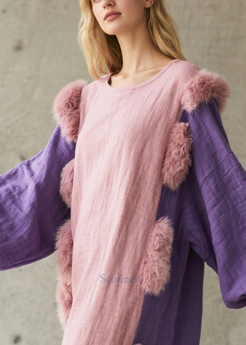 Chic Pink Oversized Patchwork Faux Fur Cotton Party Dress Lantern Sleeve