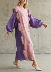 Chic Pink Oversized Patchwork Faux Fur Cotton Party Dress Lantern Sleeve