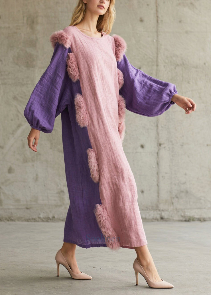 Chic Pink Oversized Patchwork Faux Fur Cotton Party Dress Lantern Sleeve