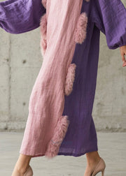 Chic Pink Oversized Patchwork Faux Fur Cotton Party Dress Lantern Sleeve