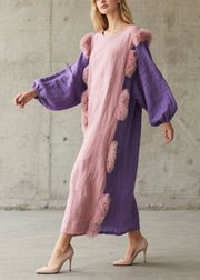 Chic Pink Oversized Patchwork Faux Fur Cotton Party Dress Lantern Sleeve