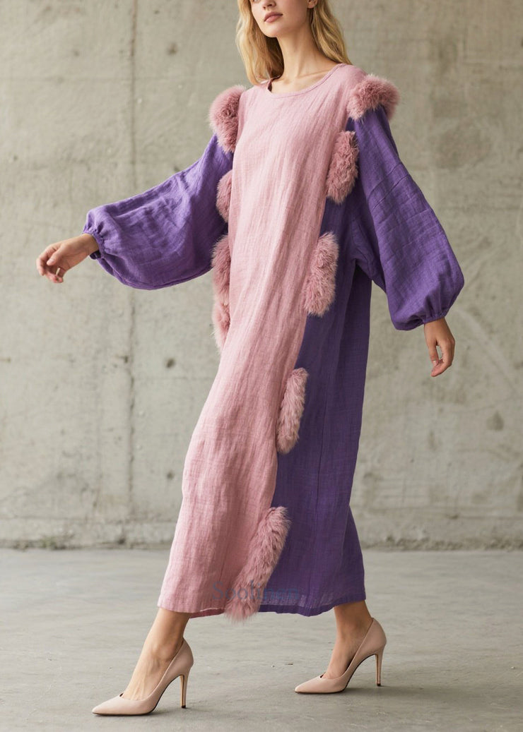 Chic Pink Oversized Patchwork Faux Fur Cotton Party Dress Lantern Sleeve