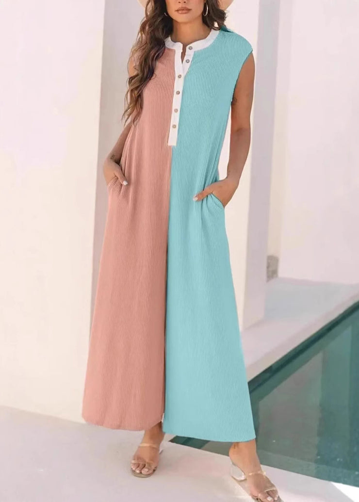 Chic Pink Pockets Patchwork Cotton Jumpsuit Sleeveless
