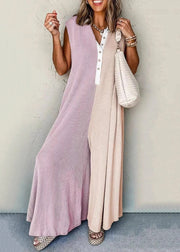 Chic Pink Pockets Patchwork Cotton Jumpsuit Sleeveless