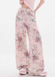 Chic Pink Print Pockets High Waist Denim Wide Leg Pants Fall