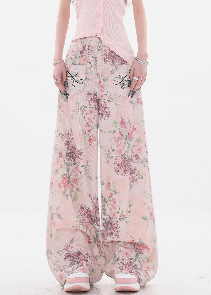 Chic Pink Print Pockets High Waist Denim Wide Leg Pants Fall